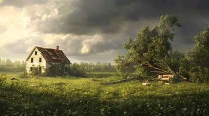 A devastated home with large fallen trees crushing the roof, broken furniture scattered across the lawn, a dark stormy sky looms above, hyperrealistic, muted colors, digital painting