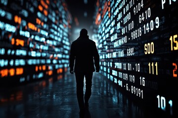 Fototapete - Silhouette of a figure walking through a futuristic corridor with illuminated data and numbers on screens, symbolizing technology and information.