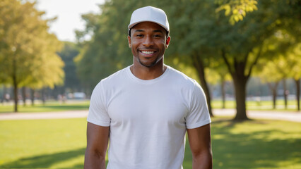 Black man wearing white t-shirt and white baseball cap standing in the park