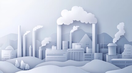 A minimalist illustration of a factory landscape with smoke stacks and rolling hills, depicting industrialization and pollution.