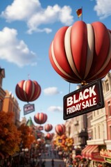 Vibrant street scene with festive balloons and banners celebrating Black Friday sales, showcasing a lively shopping atmosphere.