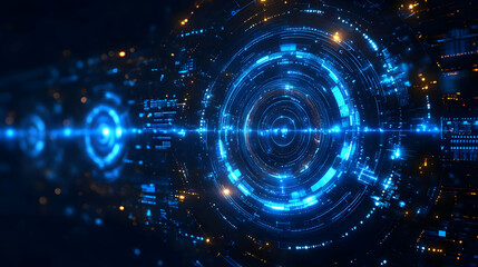 Sticker - A futuristic digital design featuring glowing blue circles and lines, suggesting technology.