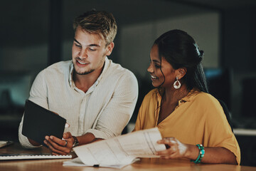 Leinwandbilder - Business people, night and documents with teamwork, tablet and planning for project, deadline and ideas. Paperwork, employees and coworkers with technology, website info and research with cooperation