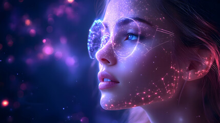 Poster - A futuristic portrait of a woman with digital effects and cosmic elements.