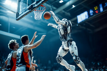 Wall Mural - A robot competes with human players in an intense basketball match, showcasing advanced AI and robotics in modern sports.