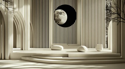 Sticker - Modern interior with moon backdrop and minimalist design.