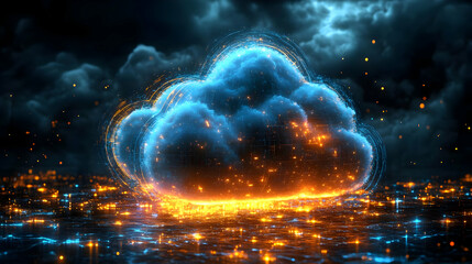 Wall Mural - A glowing, digital cloud symbolizing data and technology amidst a dark, stormy background.