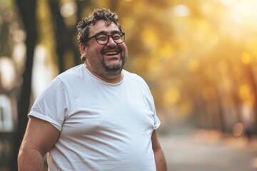 Canvas Print - An elder man wearing White t-shirt portrait on the blurred background of the park