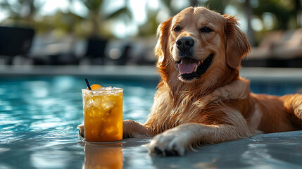 A golden retriever relaxing by a pool with a refreshing drink.