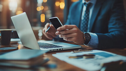 Wall Mural - a man in a suit is using a cell phone while sitting at a desk with a laptop