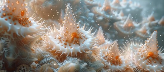 Delicate vibrant coral formations creating a captivating and intricate underwater ecosystem teeming with marine life  This close up image showcases the intricate patterns textures