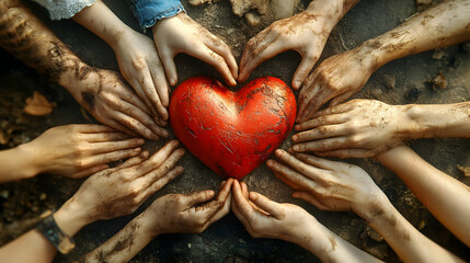 Canvas Print - A group of hands surrounding a red heart, symbolizing love and unity in a natural setting.