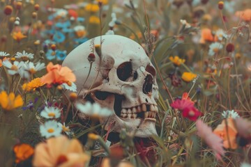 Canvas Print - Skull in the flower garden in Vintage aesthetic style