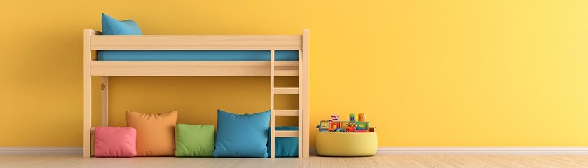 Kids' room furniture setup, playful bunk bed, colorful cushions, organized toys, cheerful, bright tones, imaginative space, fun decor