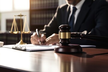 Lawyer writing on a paper in the court room