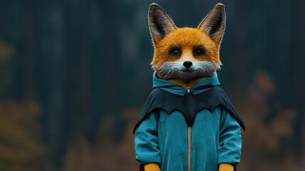 Fox dressed as a bat, dark forest background, 3D illustration