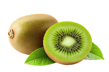 kiwi fruit with slices and green leaves isolated on a transparent background. cut out in PNG format for graphic design, isolated on a white background.