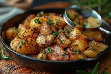 Golden roasted potatoes seasoned with herbs in a cast-iron skillet on a wooden table surrounded by fresh thyme