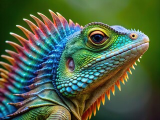 A delicate fan-shaped structure grows on the back of a brightly colored lizard's head, surrounded by ridges and a soft green-blue glow.