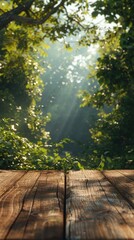 Wall Mural - Enchanting Forest Sunlight Beams Through Lush Foliage Serene Nature Landscape with Warm Daylight Filtering Through Vibrant Green Leaves