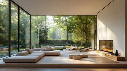 Sticker - A modern living room with large glass windows overlooking a lush garden.