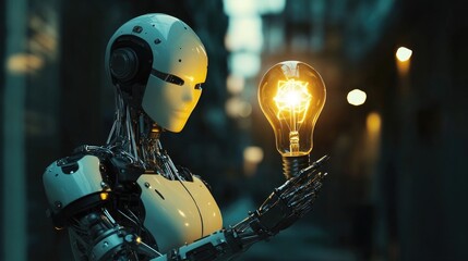 A futuristic robot holding a glowing light bulb, symbolizing the merging of technology and human creativity