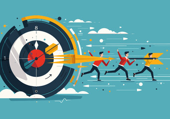 Business Competition Concept with Running Figures and a Target Depicting Goals and Achievements, Modern Minimalistic Vector Illustration