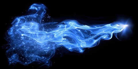 Canvas Print - Abstract blue smoke with glowing particles on black background.