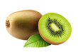 © inthasone - kiwi fruit and kiwi cut in half with green leaves isolated on a transparent background. cut out in PNG format for graphic design, isolated on a white background.