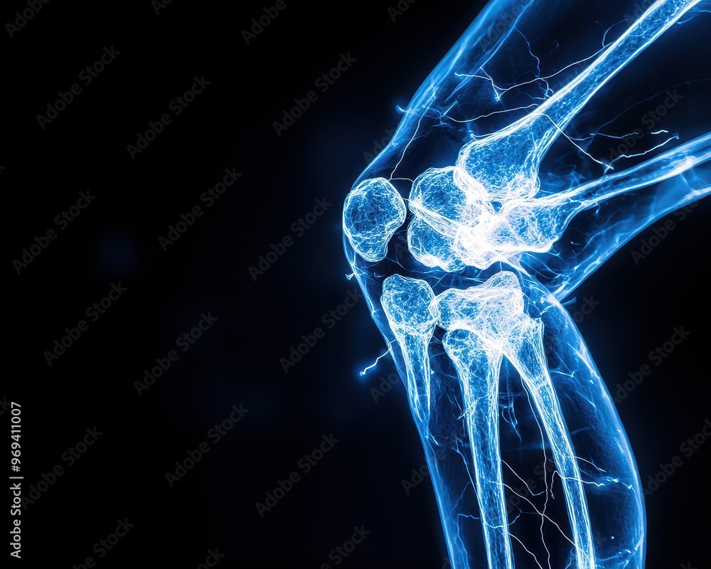 X-ray image of a knee joint showing bones and ligaments highlighted in ...