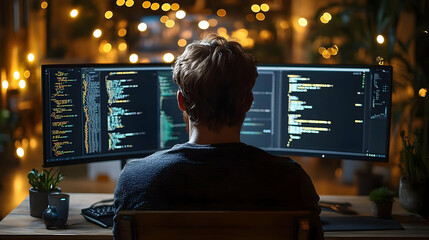 Wall Mural - A person coding at a dual-monitor setup in a cozy, illuminated workspace.