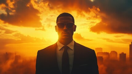 Poster - A man in a suit and sunglasses stands in front of a city skyline