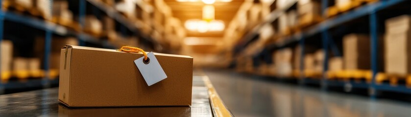 Poster - Cardboard box with a blank tag on a conveyor belt in a warehouse with blurred shelves. Concept of shipping, logistics, and storage.