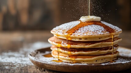 A stack of pancakes dripping with syrup and sprinkled with powdered sugar, on a rustic wooden table