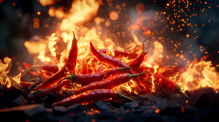 fiery inferno of chili peppers, their vibrant red skins crackling and blistering under the intense heat of the flames