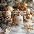 © Kakabe - Elegant Christmas ornaments featuring white and gold baubles lie artfully among frosted pine branches, Ideal for holiday greeting cards, festive social media posts, and seasonal marketing materials,