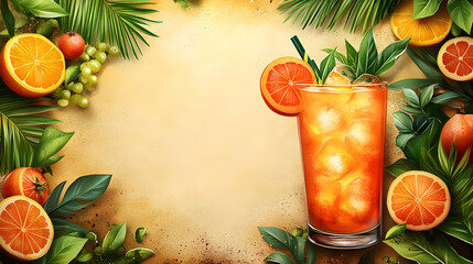 A refreshing drink surrounded by tropical fruits and foliage.