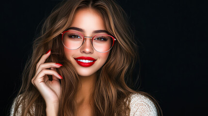 Wall Mural - Black Friday eyewear sale banner. Young beautiful smiling woman with red lips wearing glasses in red frame on black background. Copy space. Special offer, discount. Super seasonal sale in optic store