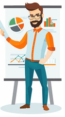 Wall Mural - A businessman confidently explains data insights with a pointer, featuring charts and graphs in a modern office environment