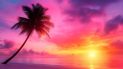 Canvas Print - A serene beach scene at sunset with vibrant colors and a lone palm tree.