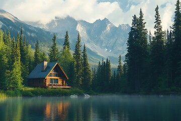 Poster - house on the lake in mountains