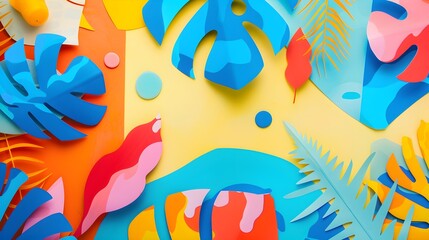 Bright and playful tropical design featuring vibrant blue, orange, and pink leaves with abstract shapes on a yellow background.