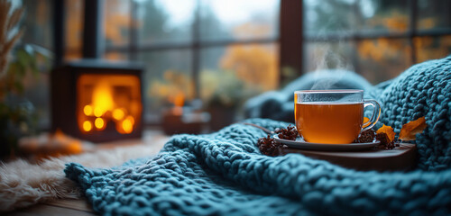 Cozy interior with wooden furniture, soft blankets and holiday decorations. Christmas.