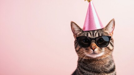 Wall Mural - Fashionable Tabby Kitten Wearing Party Hat and Sunglasses Celebrating Birthday in Pink Studio