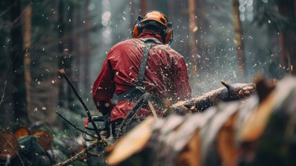 A man in a red jacket is cutting down a tree with an axe