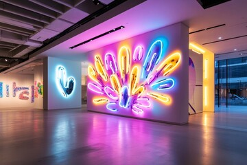 A large-scale installation of neon lights, spelling out abstract phrases and forming artistic shapes in the entrance of a modern gallery