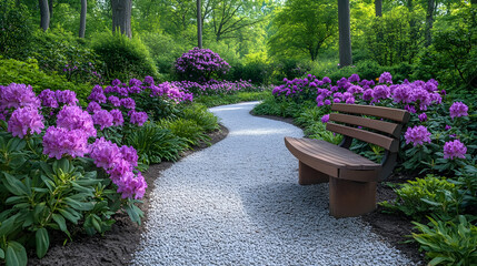 Poster - A serene garden path lined with vibrant purple flowers and a wooden bench.