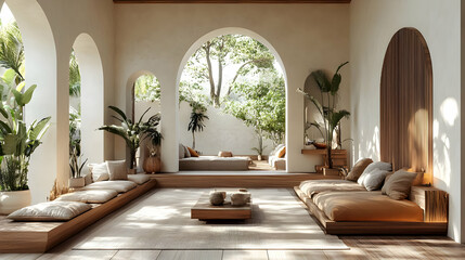 Canvas Print - A serene indoor space with natural light, plants, and comfortable seating for relaxation.