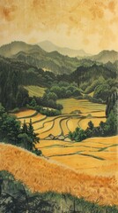 Sticker - Japanese wood block print illustration of rice field agriculture landscape outdoors.