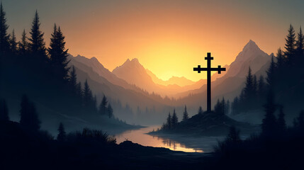 Poster - A serene landscape at sunset featuring a cross amidst mountains and a reflective water body.